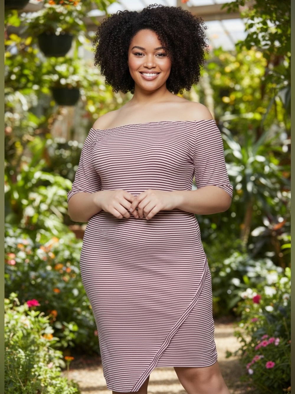 NEW• CREME DE LA CREME PINK & NAVY STRIPED OFF SHOULDER DRESS• 1X-3X